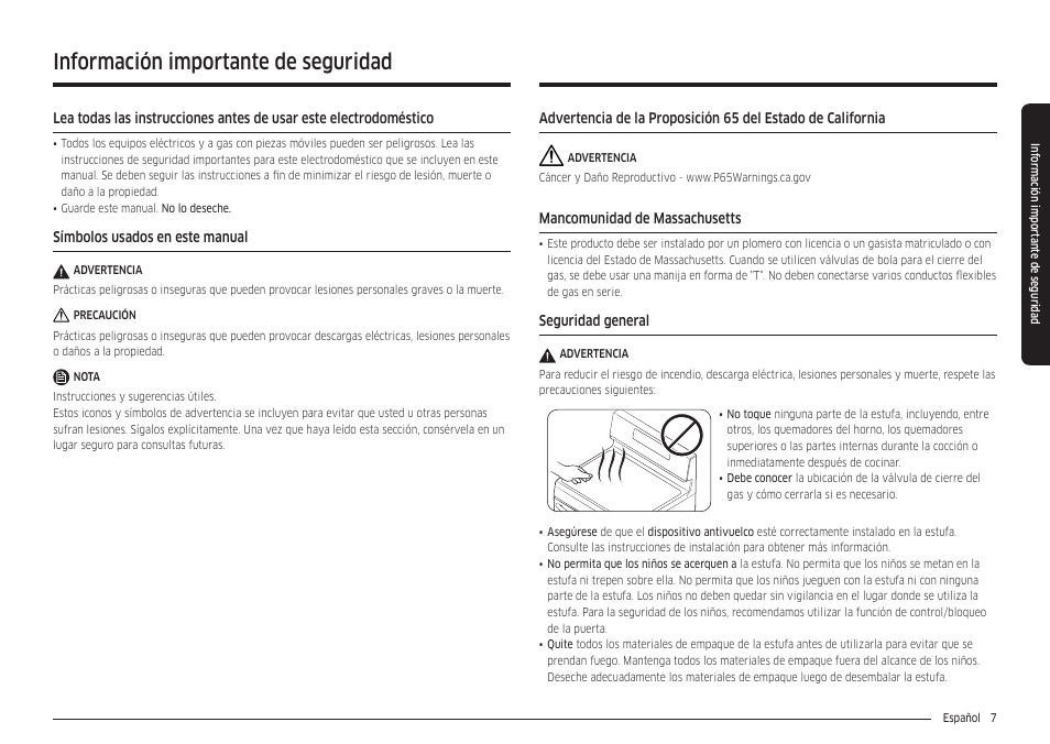 Información importante de seguridad | Samsung 30 Inch Freestanding Gas Smart Range Owners Guide User Manual | Page 63 / 164