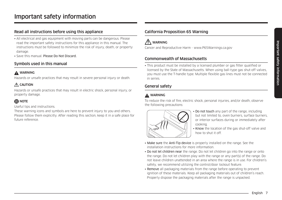 Important safety information | Samsung 30 Inch Freestanding Gas Smart Range Owners Guide User Manual | Page 7 / 164