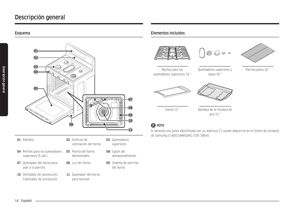 Descripción general, Esquema, Elementos incluidos | Esquema 14 elementos incluidos | Samsung 30 Inch Freestanding Gas Smart Range Owners Guide User Manual | Page 70 / 164