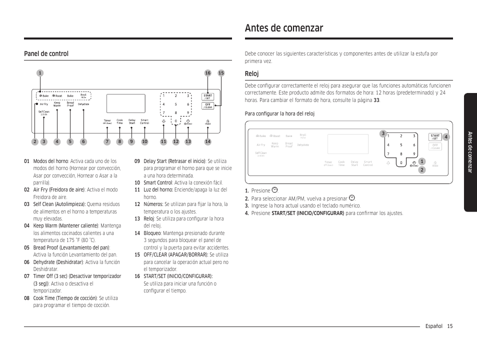 Panel de control, Antes de comenzar, Reloj | Reloj 15 | Samsung 30 Inch Freestanding Gas Smart Range Owners Guide User Manual | Page 71 / 164