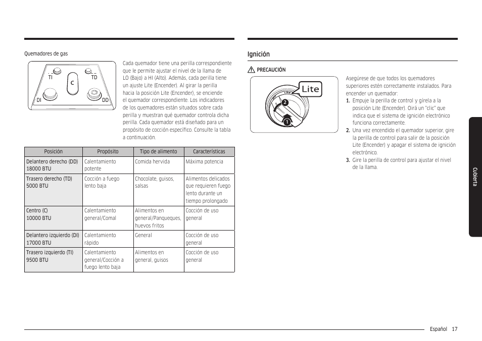 Ignición, Ignición 17 | Samsung 30 Inch Freestanding Gas Smart Range Owners Guide User Manual | Page 73 / 164