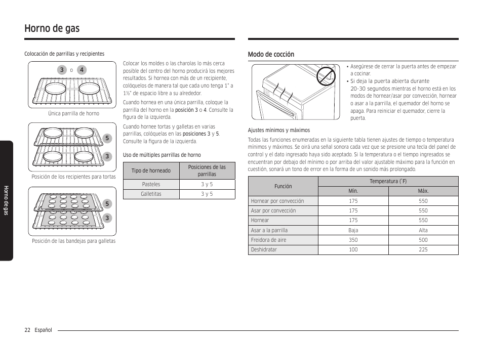 Modo de cocción, Horno de gas | Samsung 30 Inch Freestanding Gas Smart Range Owners Guide User Manual | Page 78 / 164