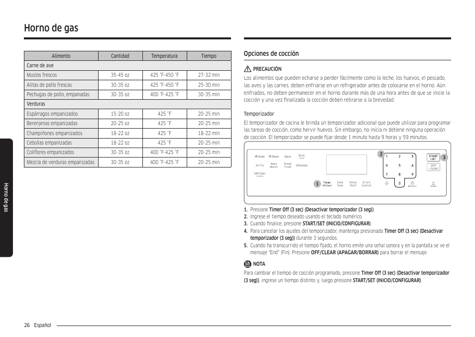 Opciones de cocción, Horno de gas | Samsung 30 Inch Freestanding Gas Smart Range Owners Guide User Manual | Page 82 / 164