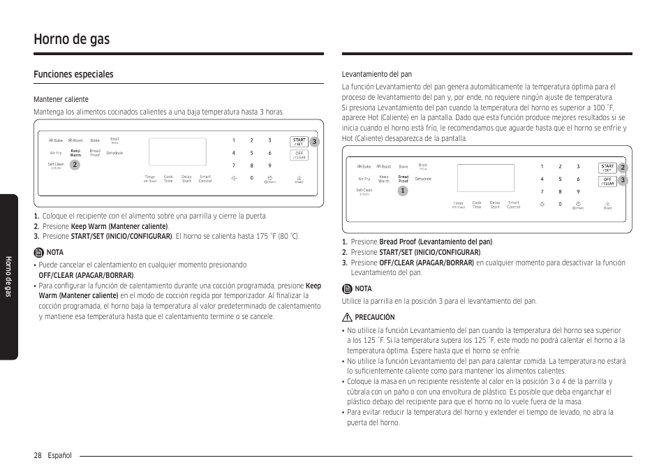 Funciones especiales, Horno de gas | Samsung 30 Inch Freestanding Gas Smart Range Owners Guide User Manual | Page 84 / 164