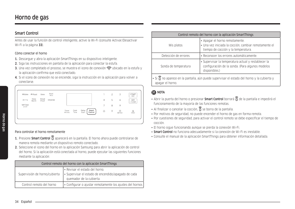 Smart control, Horno de gas | Samsung 30 Inch Freestanding Gas Smart Range Owners Guide User Manual | Page 90 / 164