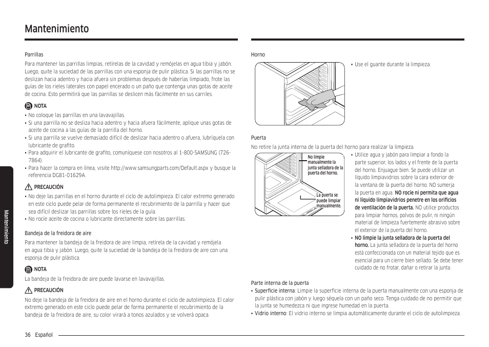 Mantenimiento | Samsung 30 Inch Freestanding Gas Smart Range Owners Guide User Manual | Page 92 / 164
