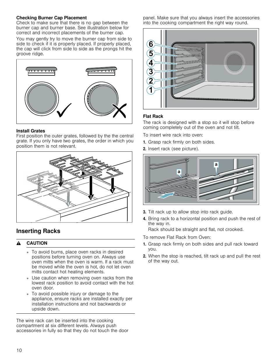 Inserting racks, 9 caution, Grasp rack firmly on both sides | Insert rack (see picture), Tilt rack up to allow stop into rack guide | Bosch 800 Series 30 Inch Freestanding Dual Fuel Range Use and Care Manual User Manual | Page 10 / 76