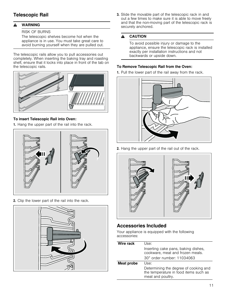 Telescopic rail, 9 warning, Risk of burns | To insert telescopic rail into oven, Hang the upper part of the rail into the rack, Clip the lower part of the rail into the rack, 9 caution, Pull the lower part of the rail away from the rack, Hang the upper part of the rail out of the rack, Accessories included | Bosch 800 Series 30 Inch Freestanding Dual Fuel Range Use and Care Manual User Manual | Page 11 / 76