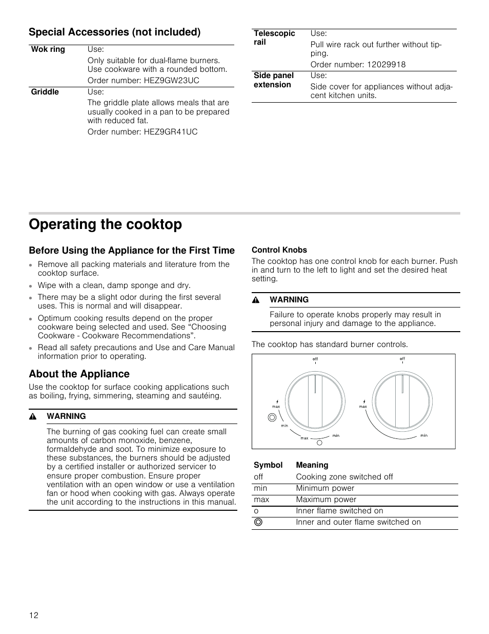 Special accessories (not included), Operating the cooktop, Before using the appliance for the first time | About the appliance, 9 warning, Control knobs | Bosch 800 Series 30 Inch Freestanding Dual Fuel Range Use and Care Manual User Manual | Page 12 / 76