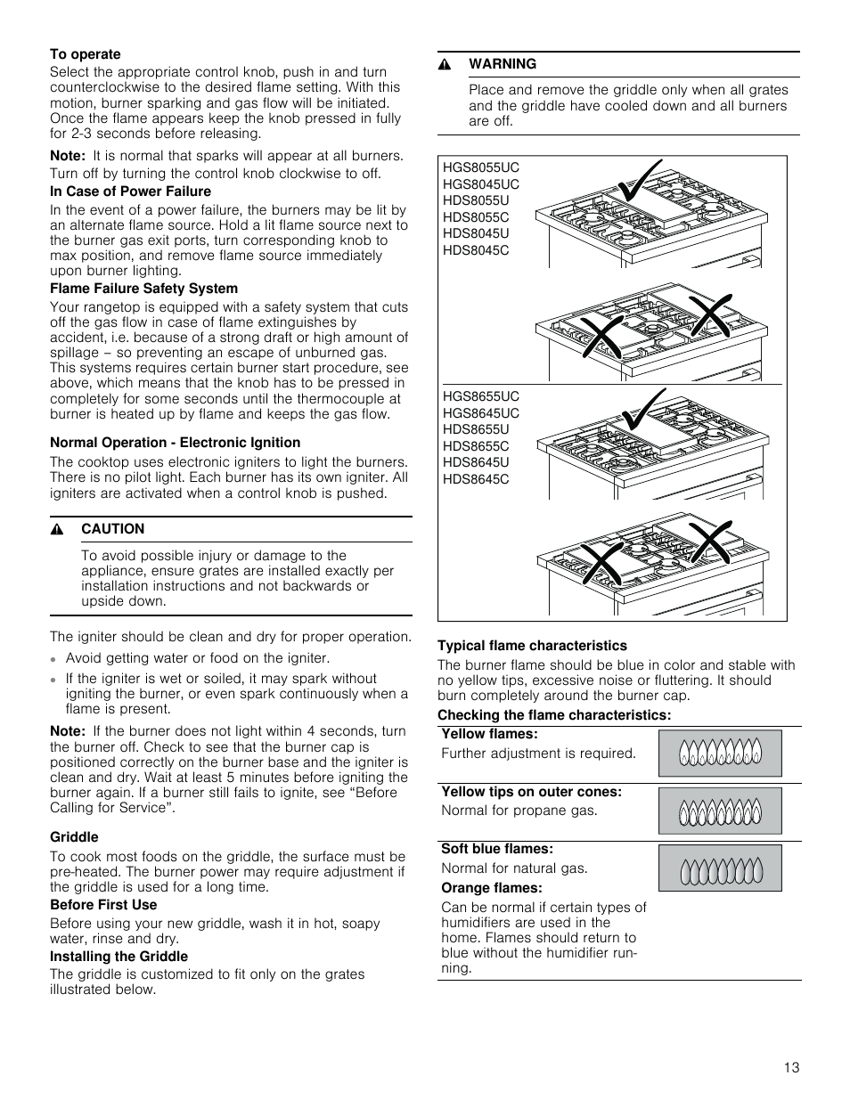 Note, Normal operation - electronic ignition, 9 caution | Griddle, 9 warning, Typical flame characteristics | Bosch 800 Series 30 Inch Freestanding Dual Fuel Range Use and Care Manual User Manual | Page 13 / 76