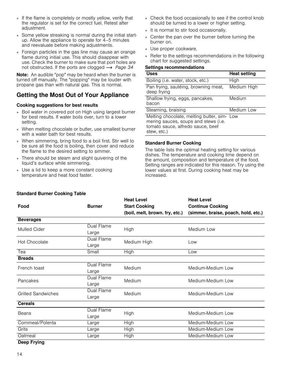 Note, Getting the most out of your appliance, Cooking suggestions for best results | Standard burner cooking | Bosch 800 Series 30 Inch Freestanding Dual Fuel Range Use and Care Manual User Manual | Page 14 / 76