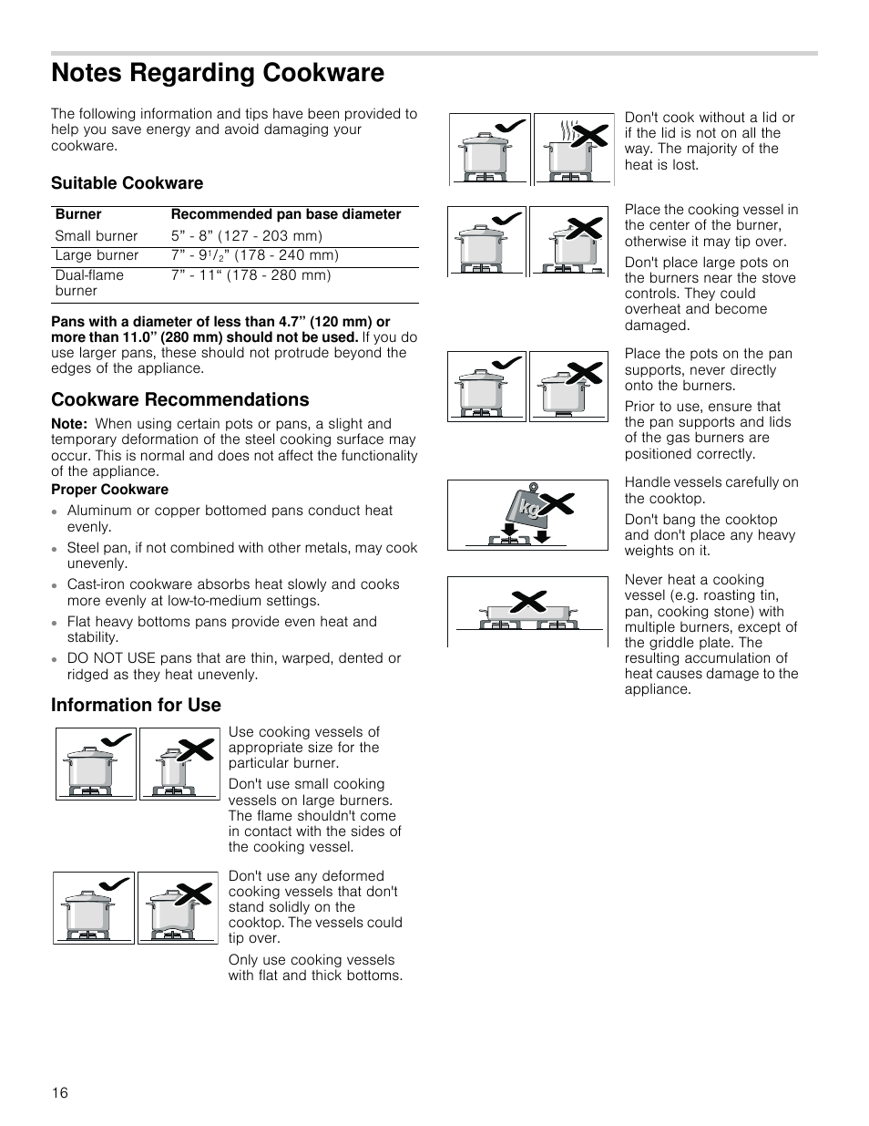 Notes regarding cookware, Suitable cookware, Cookware recommendations | Note, Information for use | Bosch 800 Series 30 Inch Freestanding Dual Fuel Range Use and Care Manual User Manual | Page 16 / 76