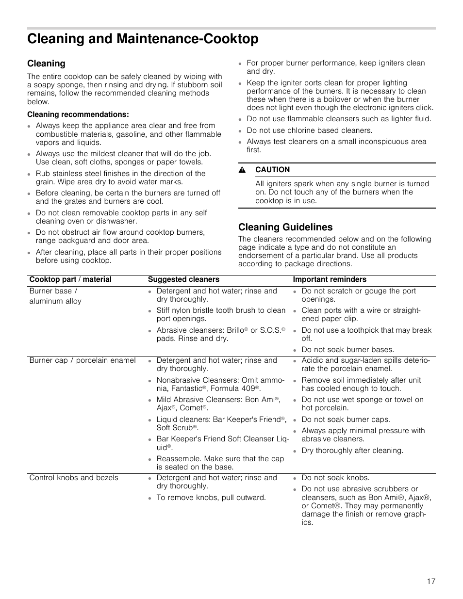 Cleaning and maintenance-cooktop, Cleaning, Cleaning recommendations | 9 caution, Cleaning guidelines | Bosch 800 Series 30 Inch Freestanding Dual Fuel Range Use and Care Manual User Manual | Page 17 / 76