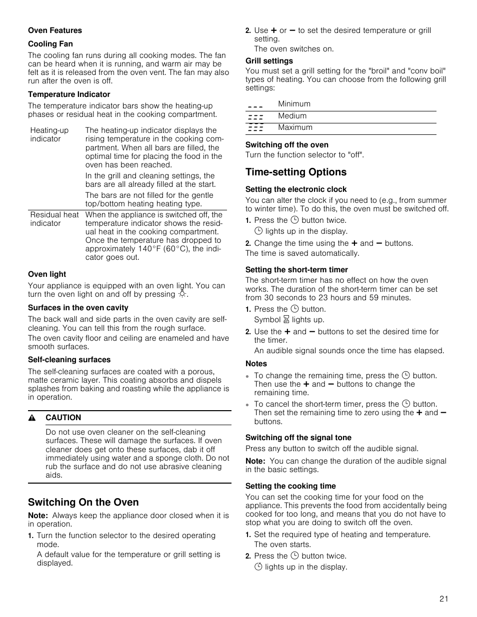 Oven features, Cooling fan, Temperature indicator | Oven light, Surfaces in the oven cavity, Self-cleaning surfaces, 9 caution, Switching on the oven, Note, Time-setting options | Bosch 800 Series 30 Inch Freestanding Dual Fuel Range Use and Care Manual User Manual | Page 21 / 76