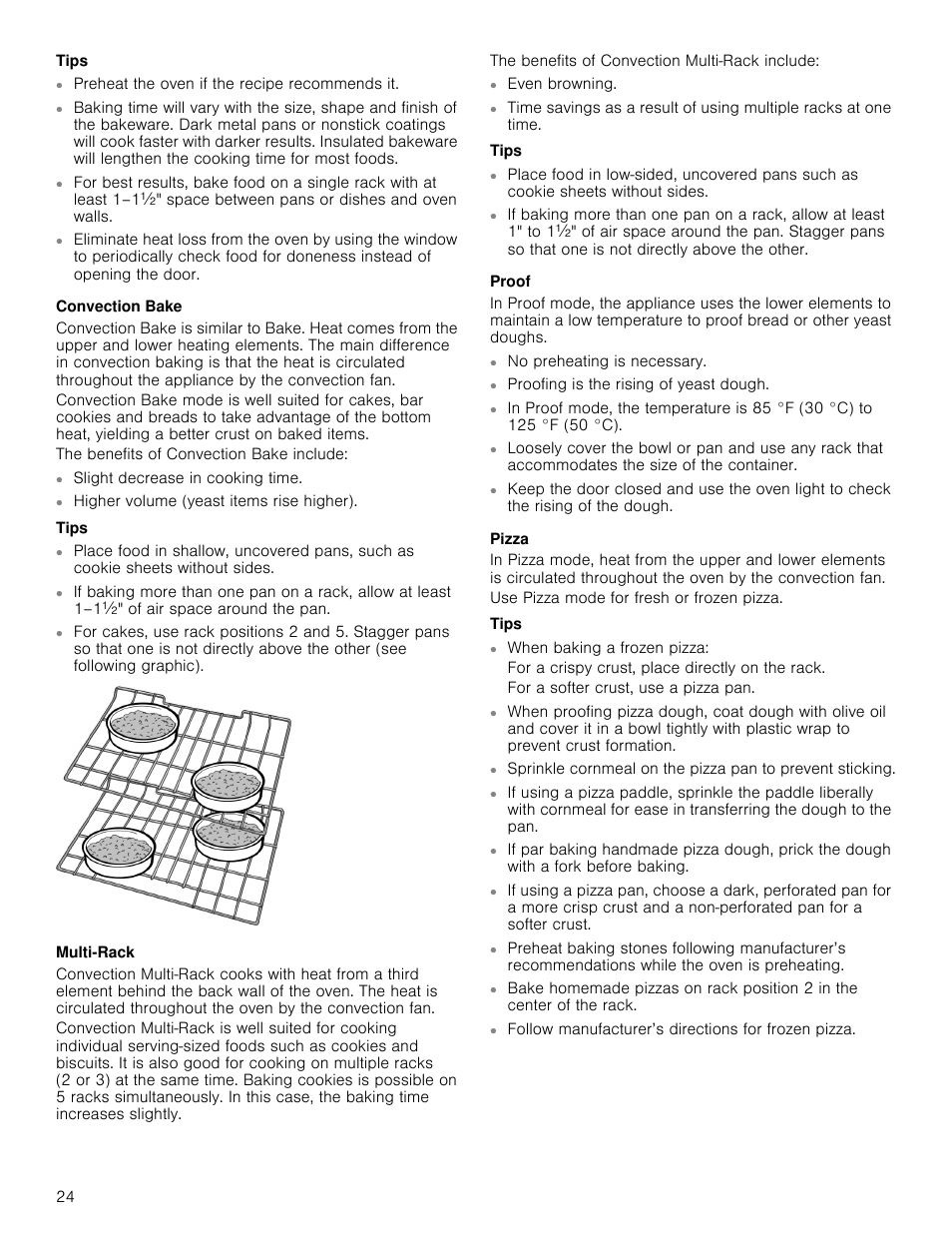 Tips, Convection bake, Multi-rack | Proof, Pizza | Bosch 800 Series 30 Inch Freestanding Dual Fuel Range Use and Care Manual User Manual | Page 24 / 76