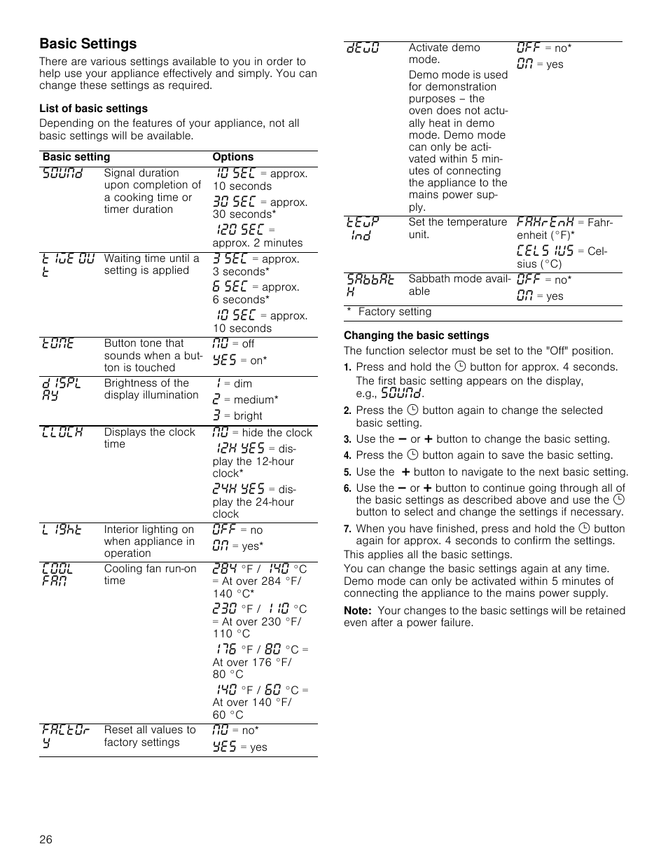 Basic settings, List of basic settings, Changing the basic settings | Press and hold the v button for approx. 4 seconds, Use the a or @ button to change the basic setting, Press the v button again to save the basic setting, Note | Bosch 800 Series 30 Inch Freestanding Dual Fuel Range Use and Care Manual User Manual | Page 26 / 76