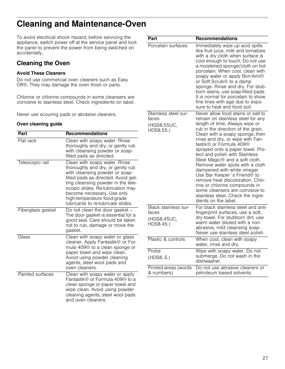 Cleaning and maintenance-oven, Cleaning the oven, Avoid these cleaners | Oven cleaning guide | Bosch 800 Series 30 Inch Freestanding Dual Fuel Range Use and Care Manual User Manual | Page 27 / 76