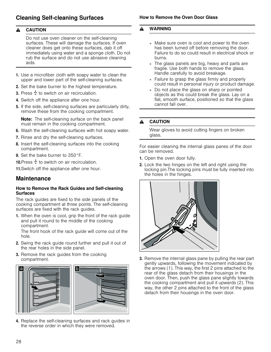 Cleaning self-cleaning surfaces, 9 caution, Set the bake burner to the highest temperature | Press w to switch on air recirculation, Switch off the appliance after one hour, Note, Rinse and dry the self-cleaning surfaces, Set the bake burner to 350°f, Maintenance, How to remove the oven door glass | Bosch 800 Series 30 Inch Freestanding Dual Fuel Range Use and Care Manual User Manual | Page 28 / 76