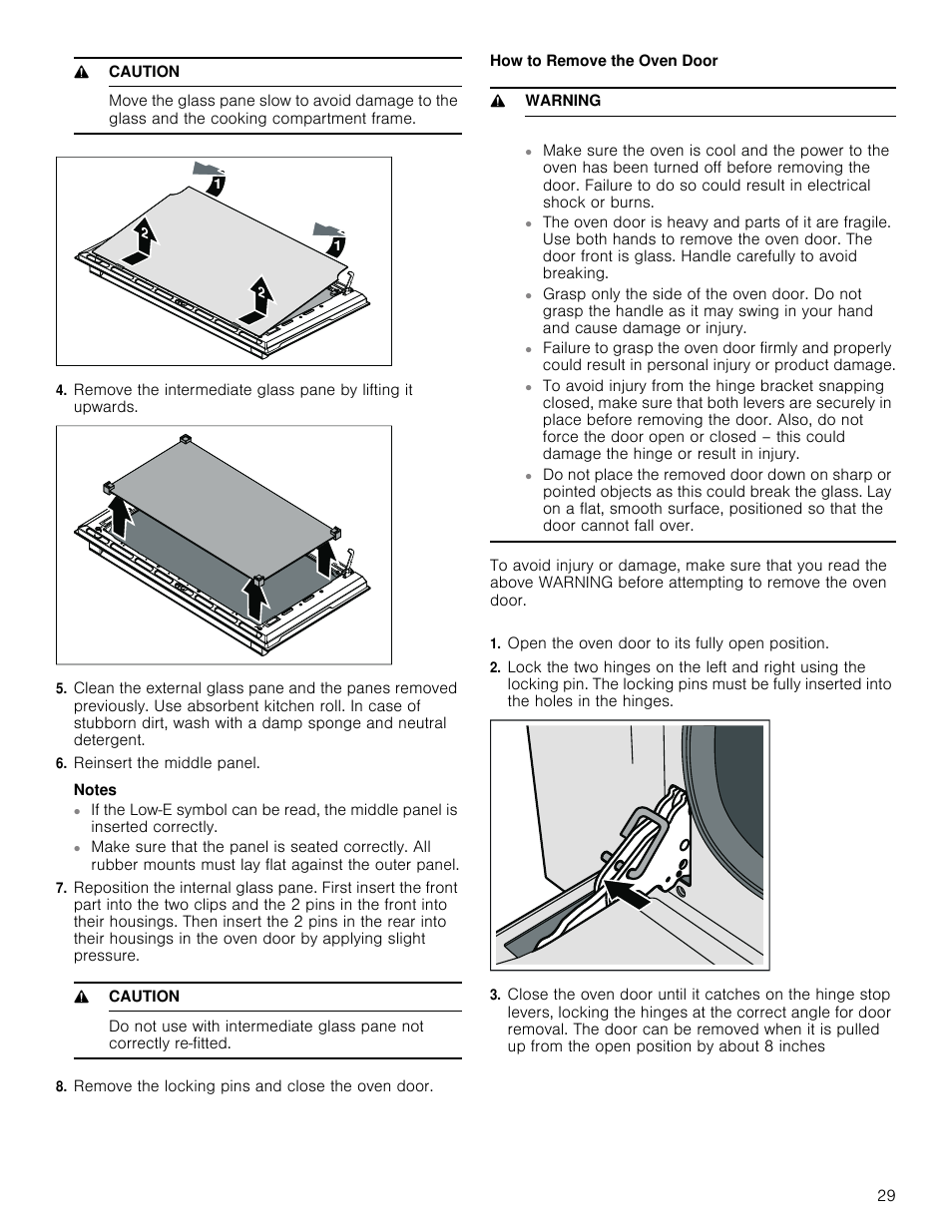 9 caution, Reinsert the middle panel, Notes | Remove the locking pins and close the oven door, How to remove the oven door, 9 warning, Open the oven door to its fully open position | Bosch 800 Series 30 Inch Freestanding Dual Fuel Range Use and Care Manual User Manual | Page 29 / 76