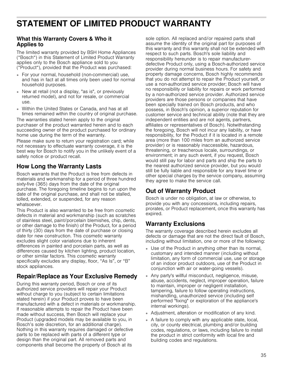 Statement of limited product warranty, What this warranty covers & who it applies to, How long the warranty lasts | Repair/replace as your exclusive remedy, Out of warranty product, Warranty exclusions | Bosch 800 Series 30 Inch Freestanding Dual Fuel Range Use and Care Manual User Manual | Page 35 / 76