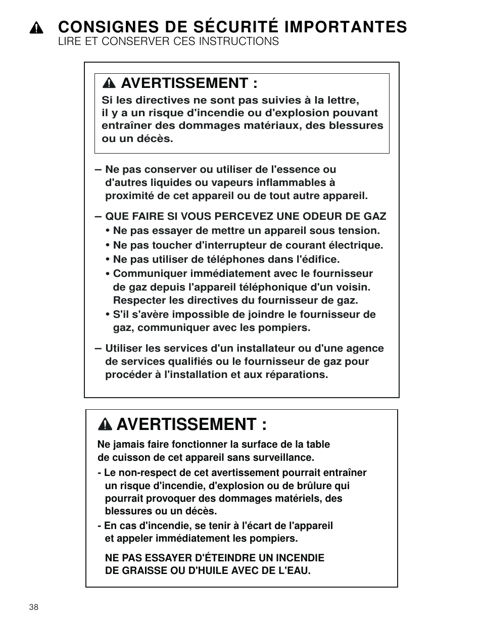 Consignes de sécurité importantes, Lire et conserver ces instructions, Sécurité en matière de gaz | Bosch 800 Series 30 Inch Freestanding Dual Fuel Range Use and Care Manual User Manual | Page 38 / 76