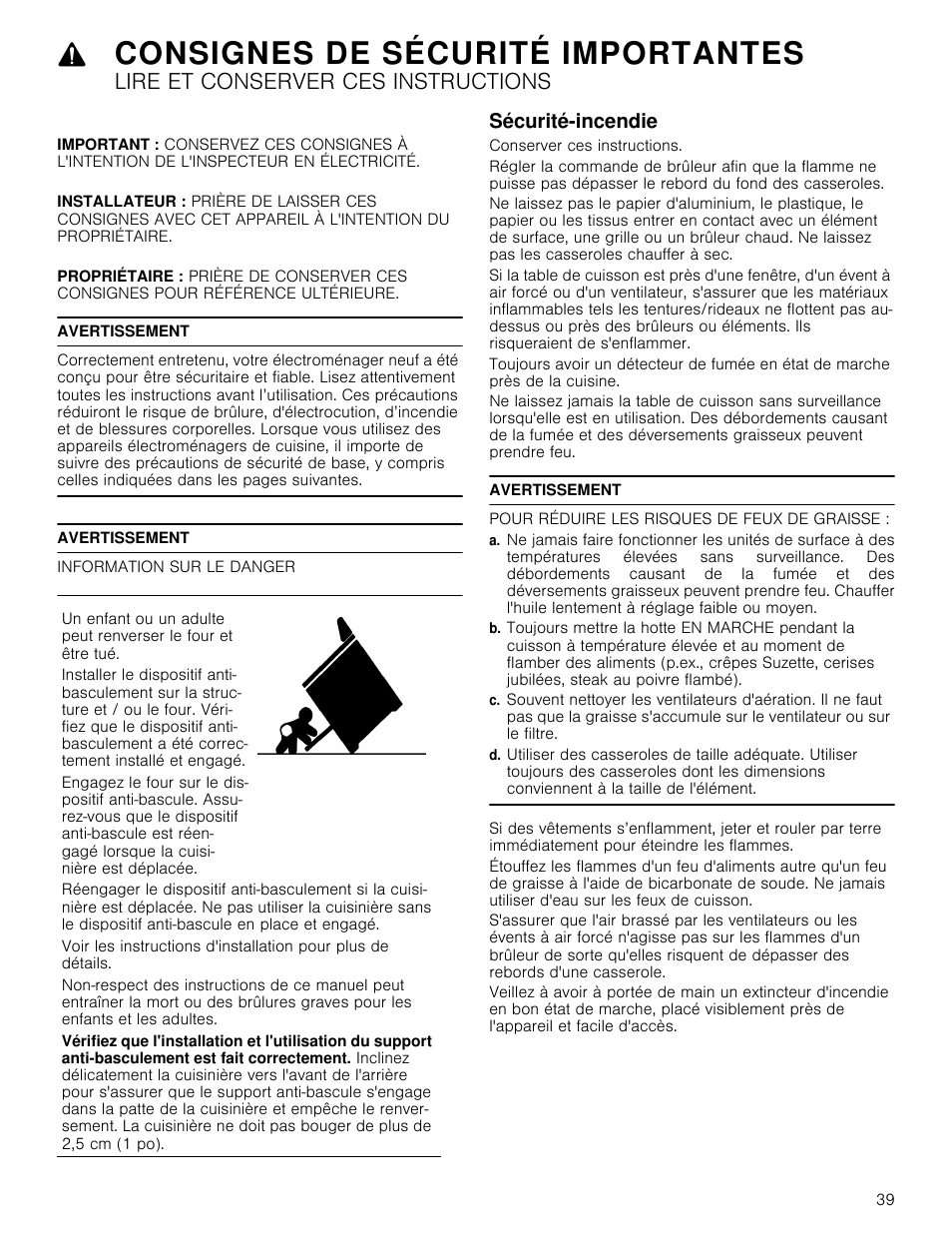 Avertissement, Information sur le danger, Sécurité-incendie | Pour réduire les risques de feux de graisse, Consignes de sécurité importantes, Lire et conserver ces instructions | Bosch 800 Series 30 Inch Freestanding Dual Fuel Range Use and Care Manual User Manual | Page 39 / 76