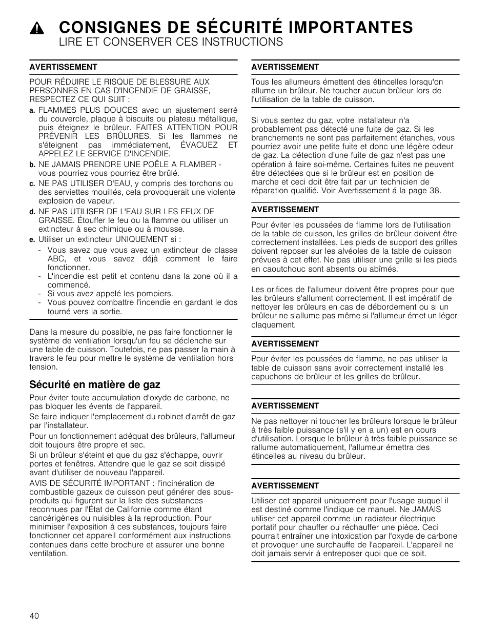 Avertissement, E. utiliser un extincteur uniquement si, Sécurité en matière de gaz | Consignes de sécurité importantes, Lire et conserver ces instructions | Bosch 800 Series 30 Inch Freestanding Dual Fuel Range Use and Care Manual User Manual | Page 40 / 76