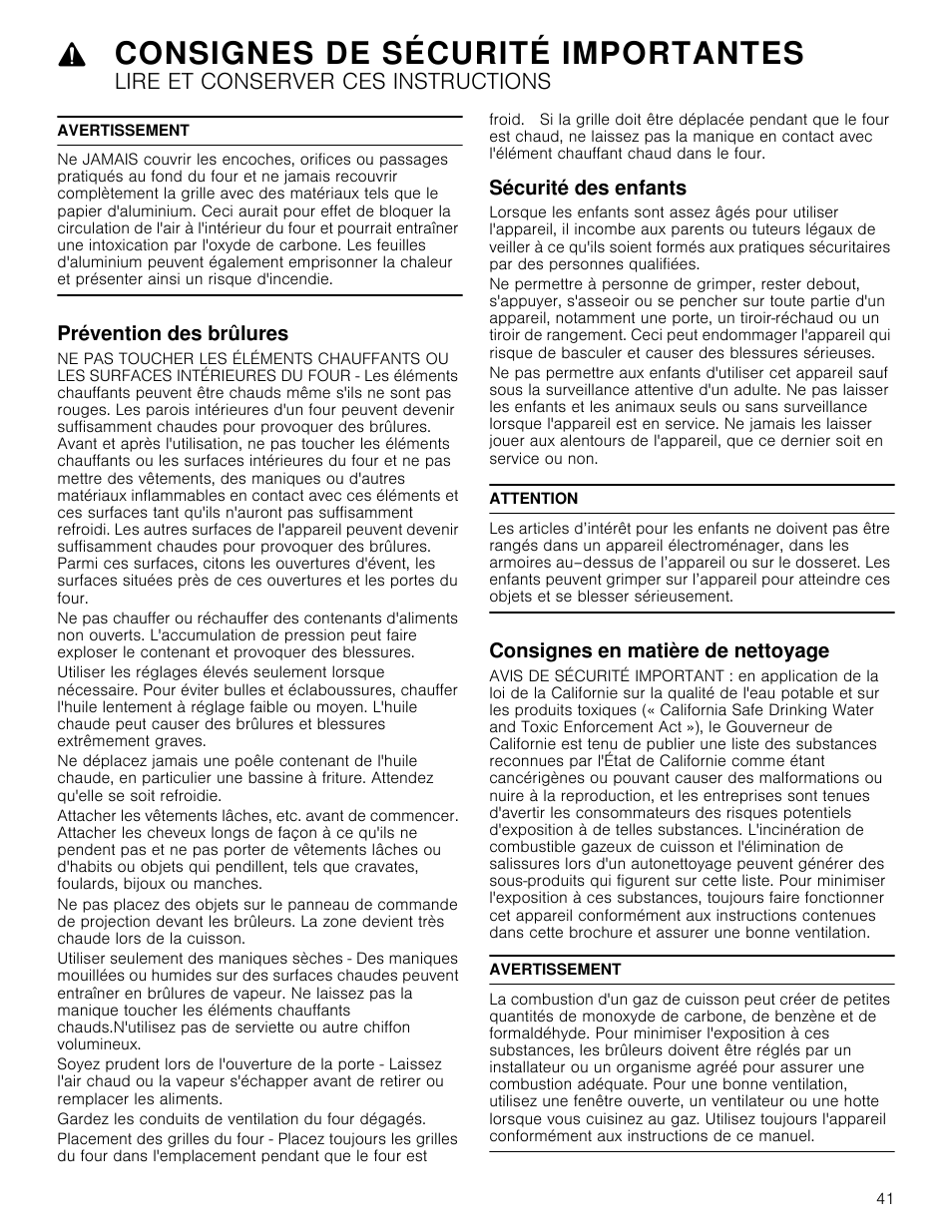 Avertissement, Prévention des brûlures, Sécurité des enfants | Attention, Consignes en matière de nettoyage, Consignes de sécurité importantes, Lire et conserver ces instructions | Bosch 800 Series 30 Inch Freestanding Dual Fuel Range Use and Care Manual User Manual | Page 41 / 76