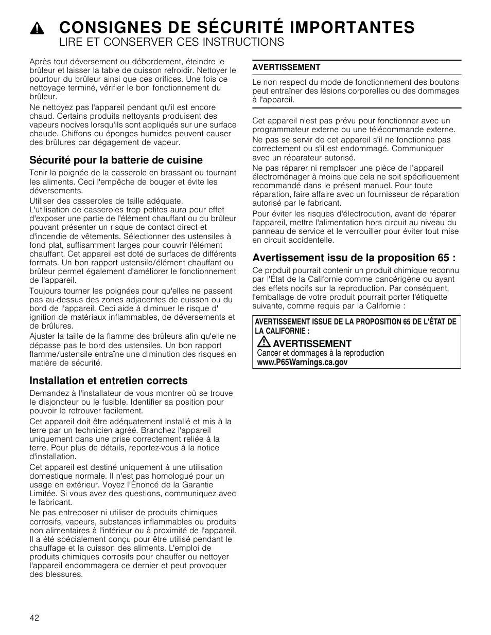 Sécurité pour la batterie de cuisine, Installation et entretien corrects, Avertissement | Avertissement issu de la proposition 65, Consignes de sécurité importantes, Lire et conserver ces instructions | Bosch 800 Series 30 Inch Freestanding Dual Fuel Range Use and Care Manual User Manual | Page 42 / 76