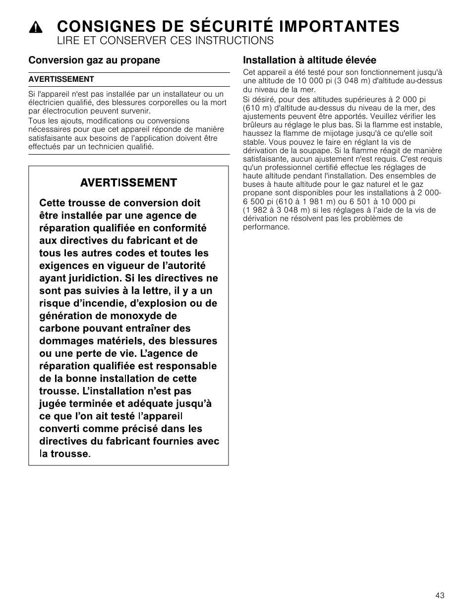 Conversion gaz au propane, Avertissement, Installation à altitude élevée | Consignes de sécurité importantes, Lire et conserver ces instructions | Bosch 800 Series 30 Inch Freestanding Dual Fuel Range Use and Care Manual User Manual | Page 43 / 76