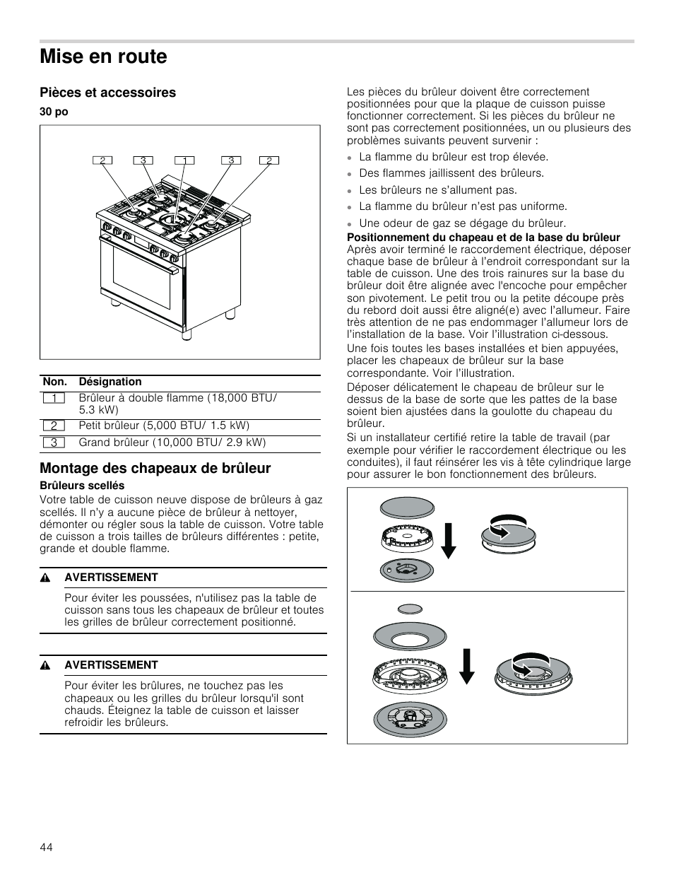 Mise en route, Pièces et accessoires, Montage des chapeaux de brûleur | 9 avertissement | Bosch 800 Series 30 Inch Freestanding Dual Fuel Range Use and Care Manual User Manual | Page 44 / 76