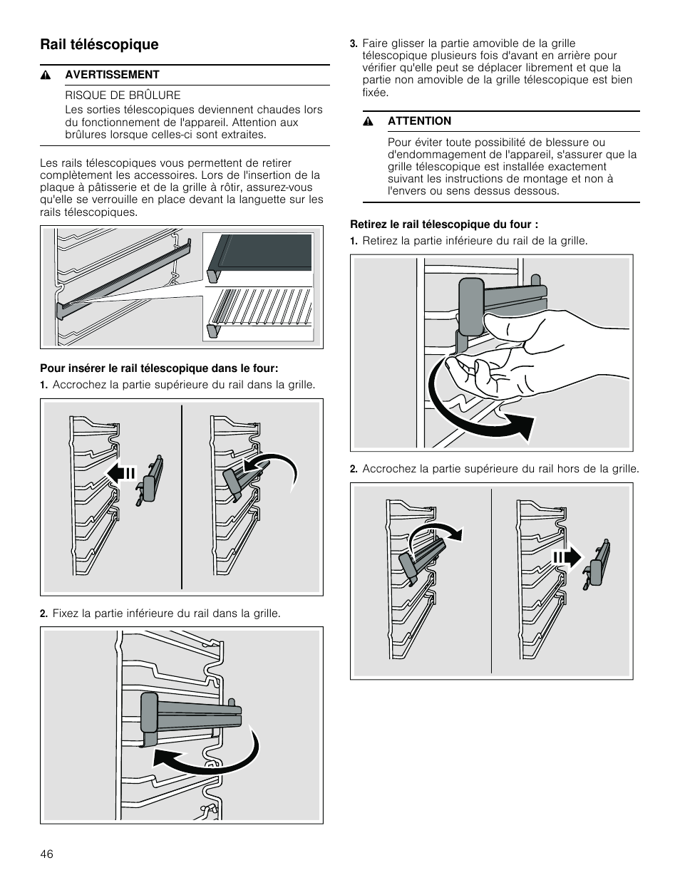 Rail téléscopique, 9 avertissement, Risque de brûlure | Pour insérer le rail télescopique dans le four, Fixez la partie inférieure du rail dans la grille, 9 attention, Retirez la partie inférieure du rail de la grille | Bosch 800 Series 30 Inch Freestanding Dual Fuel Range Use and Care Manual User Manual | Page 46 / 76