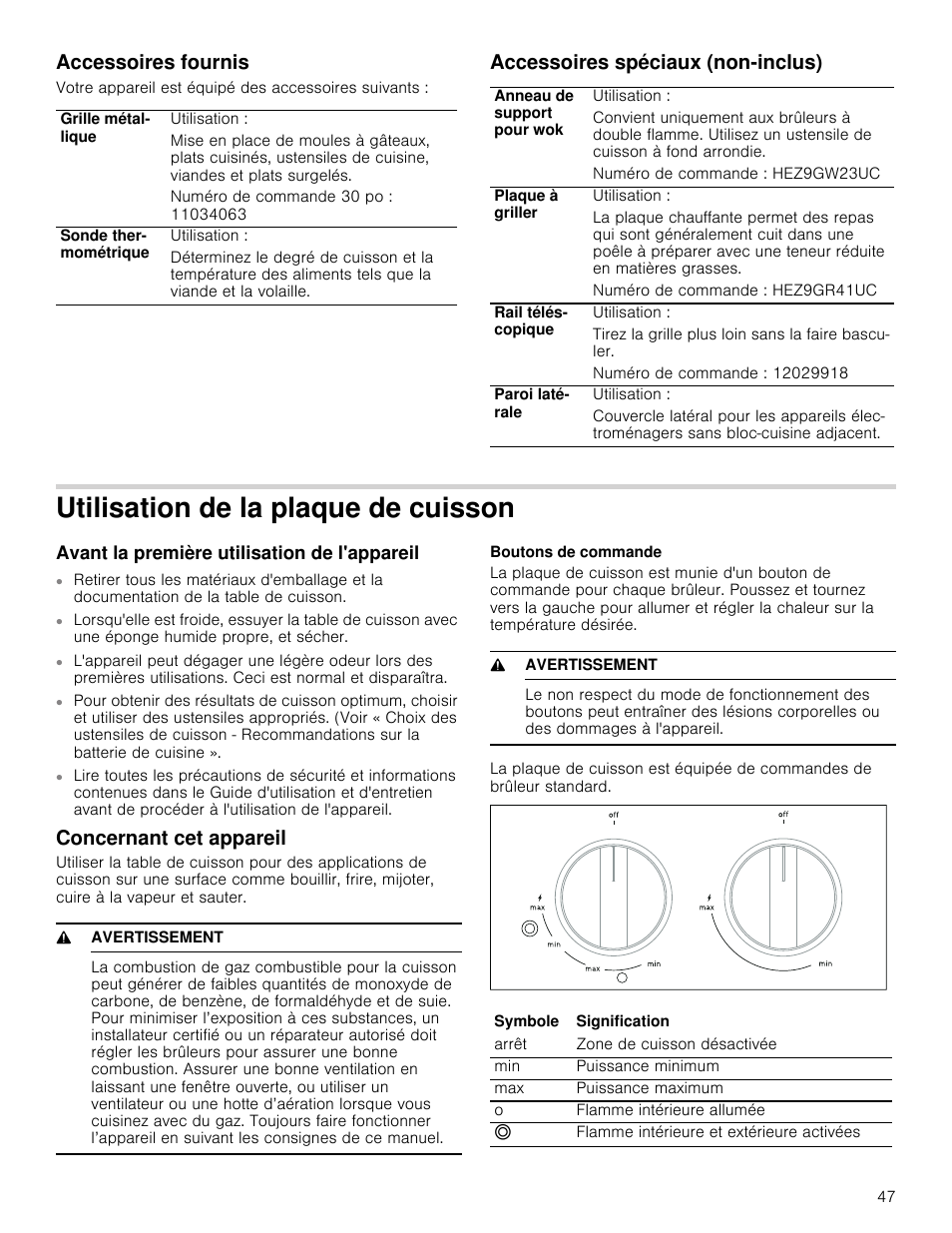 Accessoires fournis, Accessoires spéciaux (non-inclus), Utilisation de la plaque de cuisson | Avant la première utilisation de l'appareil, Concernant cet appareil, 9 avertissement, Boutons de commande | Bosch 800 Series 30 Inch Freestanding Dual Fuel Range Use and Care Manual User Manual | Page 47 / 76