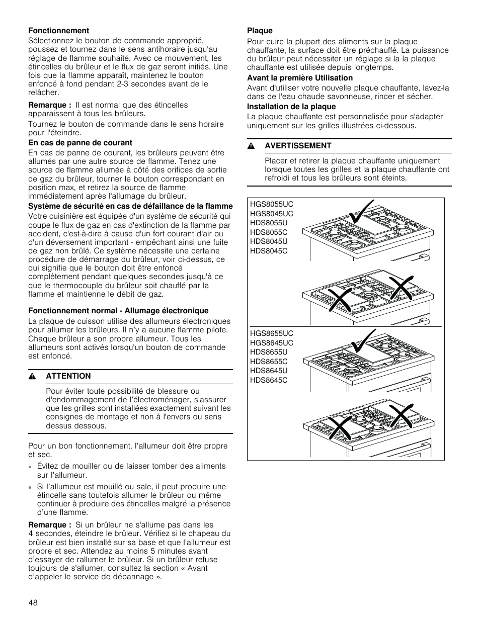 Remarque, Fonctionnement normal - allumage électronique, 9 attention | Plaque, 9 avertissement | Bosch 800 Series 30 Inch Freestanding Dual Fuel Range Use and Care Manual User Manual | Page 48 / 76