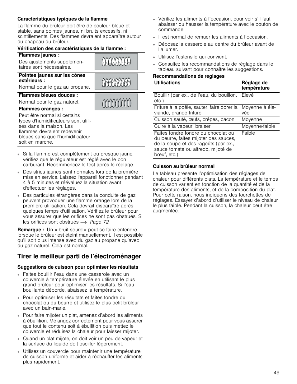 Caractéristiques typiques de la flamme, Remarque, Tirer le meilleur parti de l’électroménager | Cuisson au brûleur normal | Bosch 800 Series 30 Inch Freestanding Dual Fuel Range Use and Care Manual User Manual | Page 49 / 76