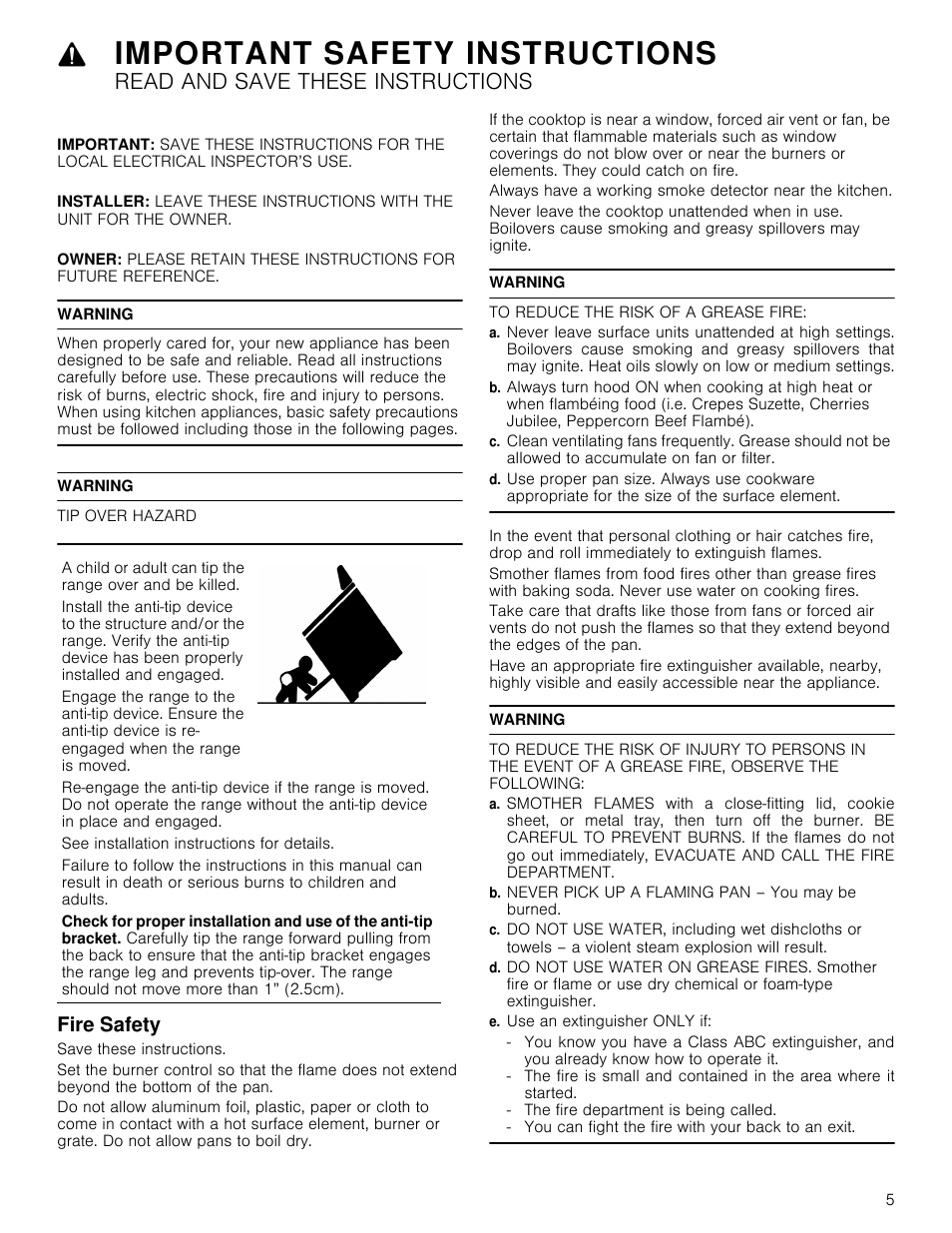 Warning, Tip over hazard, Fire safety | To reduce the risk of a grease fire, B. never pick up a flaming pan – you may be burned, E. use an extinguisher only if, Important safety instructions, Read and save these instructions | Bosch 800 Series 30 Inch Freestanding Dual Fuel Range Use and Care Manual User Manual | Page 5 / 76