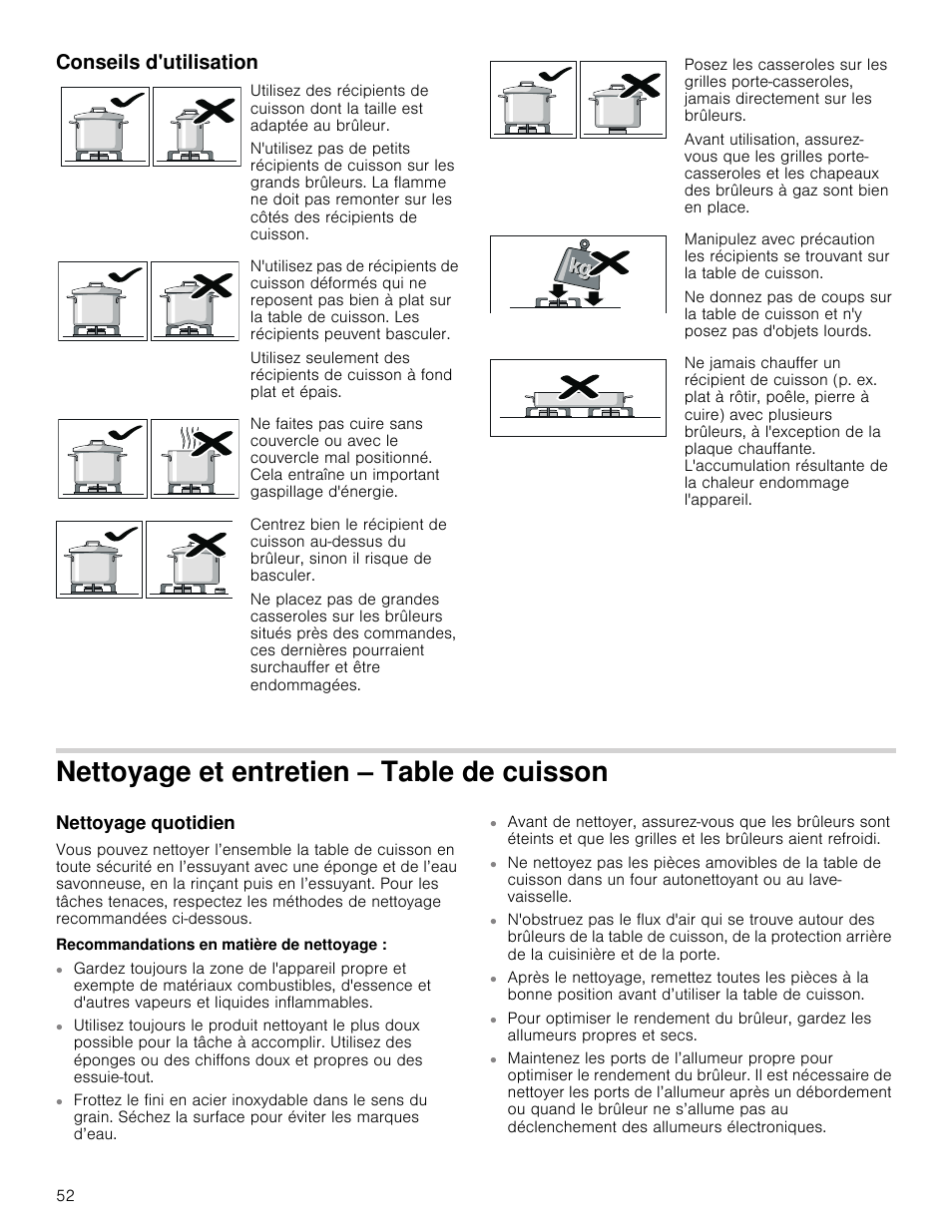 Conseils d'utilisation, Nettoyage et entretien – table de cuisson, Nettoyage quotidien | Recommandations en matière de nettoyage | Bosch 800 Series 30 Inch Freestanding Dual Fuel Range Use and Care Manual User Manual | Page 52 / 76