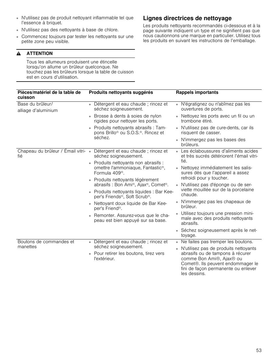 9 attention, Lignes directrices de nettoyage | Bosch 800 Series 30 Inch Freestanding Dual Fuel Range Use and Care Manual User Manual | Page 53 / 76