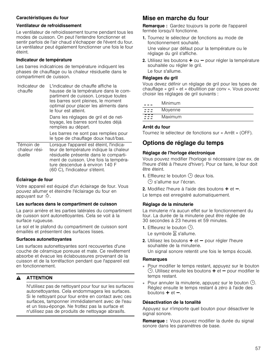 Caractéristiques du four, Ventilateur de refroidissement, Indicateur de température | Éclairage de four, Les surfaces dans le compartiment de cuisson, Surfaces autonettoyantes, 9 attention, Mise en marche du four, Remarque, Options de réglage du temps | Bosch 800 Series 30 Inch Freestanding Dual Fuel Range Use and Care Manual User Manual | Page 57 / 76