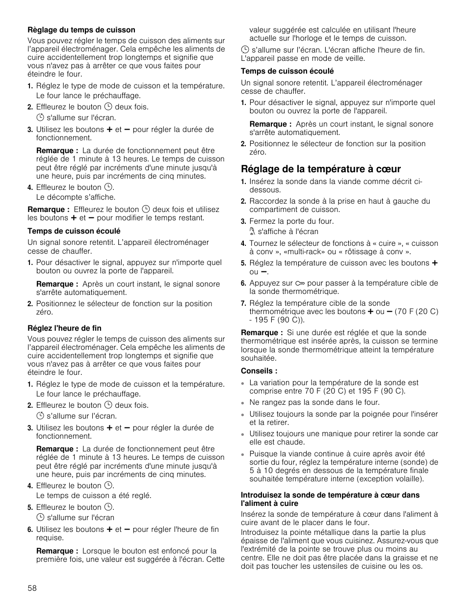 Règlage du temps de cuisson, Effleurez le bouton v deux fois, Remarque | Effleurez le bouton v, Temps de cuisson écoulé, Réglez l'heure de fin, Réglage de la température à cœur, Fermez la porte du four, Conseils | Bosch 800 Series 30 Inch Freestanding Dual Fuel Range Use and Care Manual User Manual | Page 58 / 76