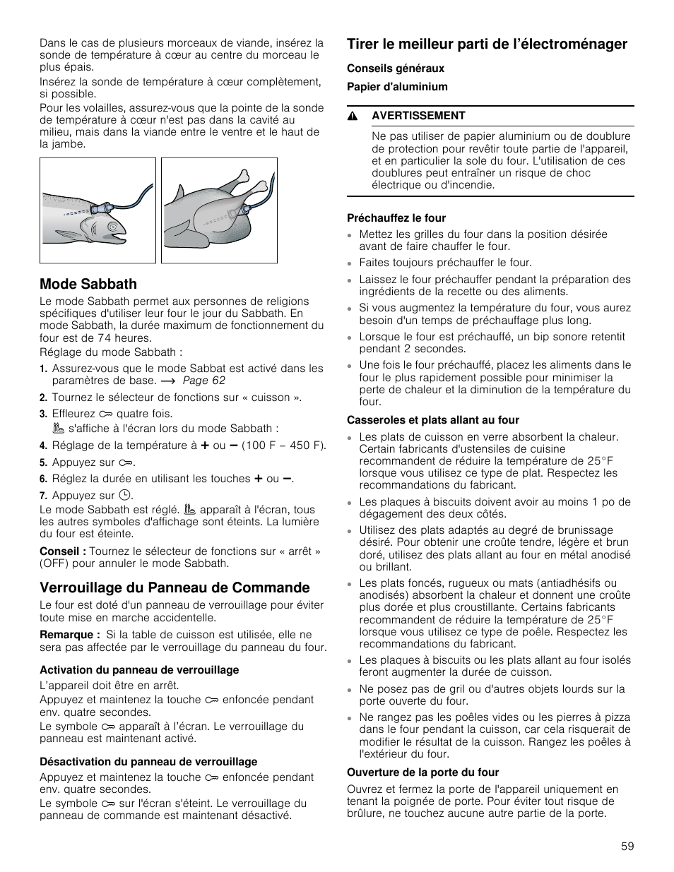 Mode sabbath, Tournez le sélecteur de fonctions sur « cuisson, Effleurez d quatre fois | Réglage de la température à @ ou a (100 f – 450 f), Appuyez sur d, Réglez la durée en utilisant les touches @ ou a, Appuyez sur v, Conseil, Verrouillage du panneau de commande, Remarque | Bosch 800 Series 30 Inch Freestanding Dual Fuel Range Use and Care Manual User Manual | Page 59 / 76