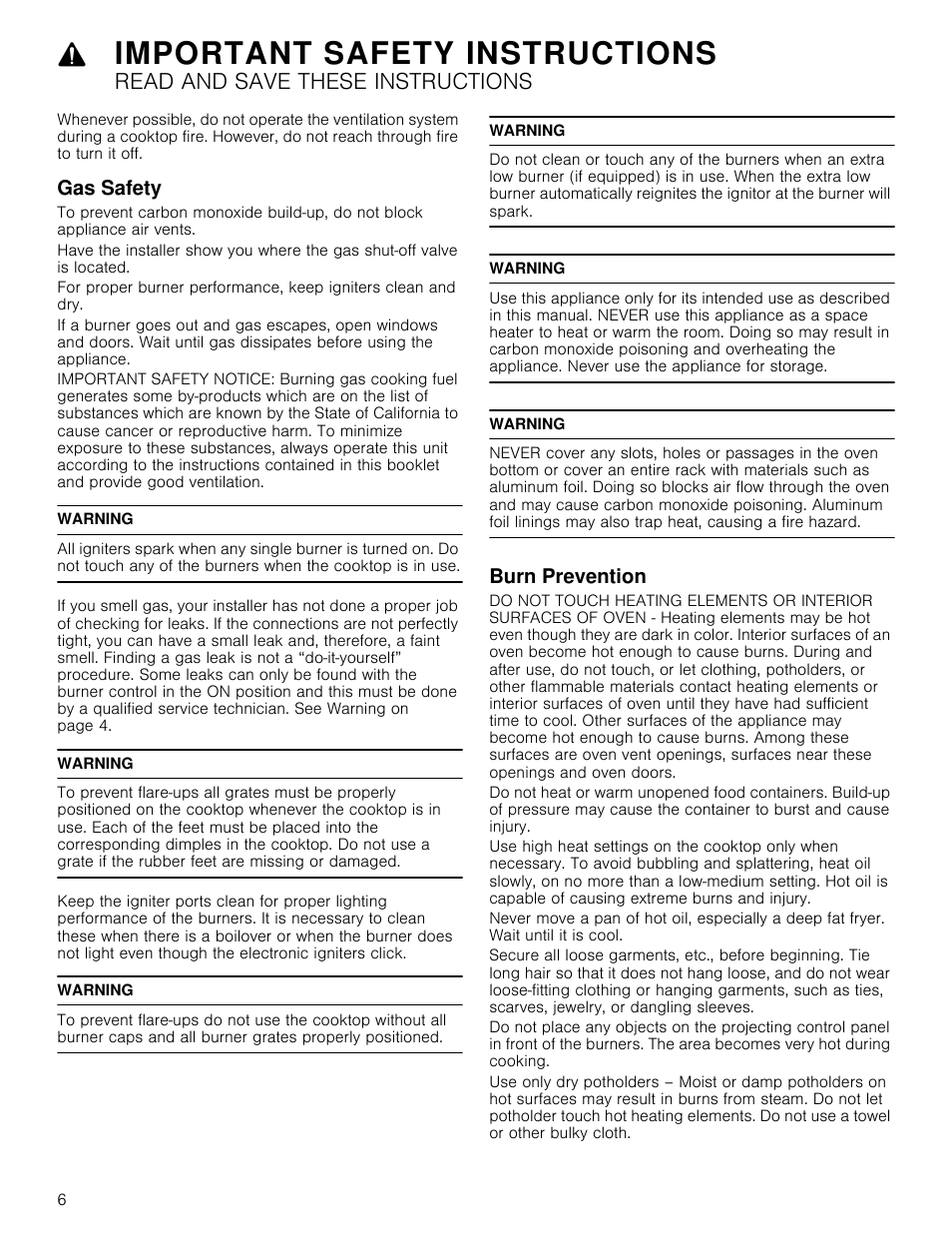 Gas safety, Warning, Burn prevention | Gas safety burn prevention, Important safety instructions, Read and save these instructions | Bosch 800 Series 30 Inch Freestanding Dual Fuel Range Use and Care Manual User Manual | Page 6 / 76