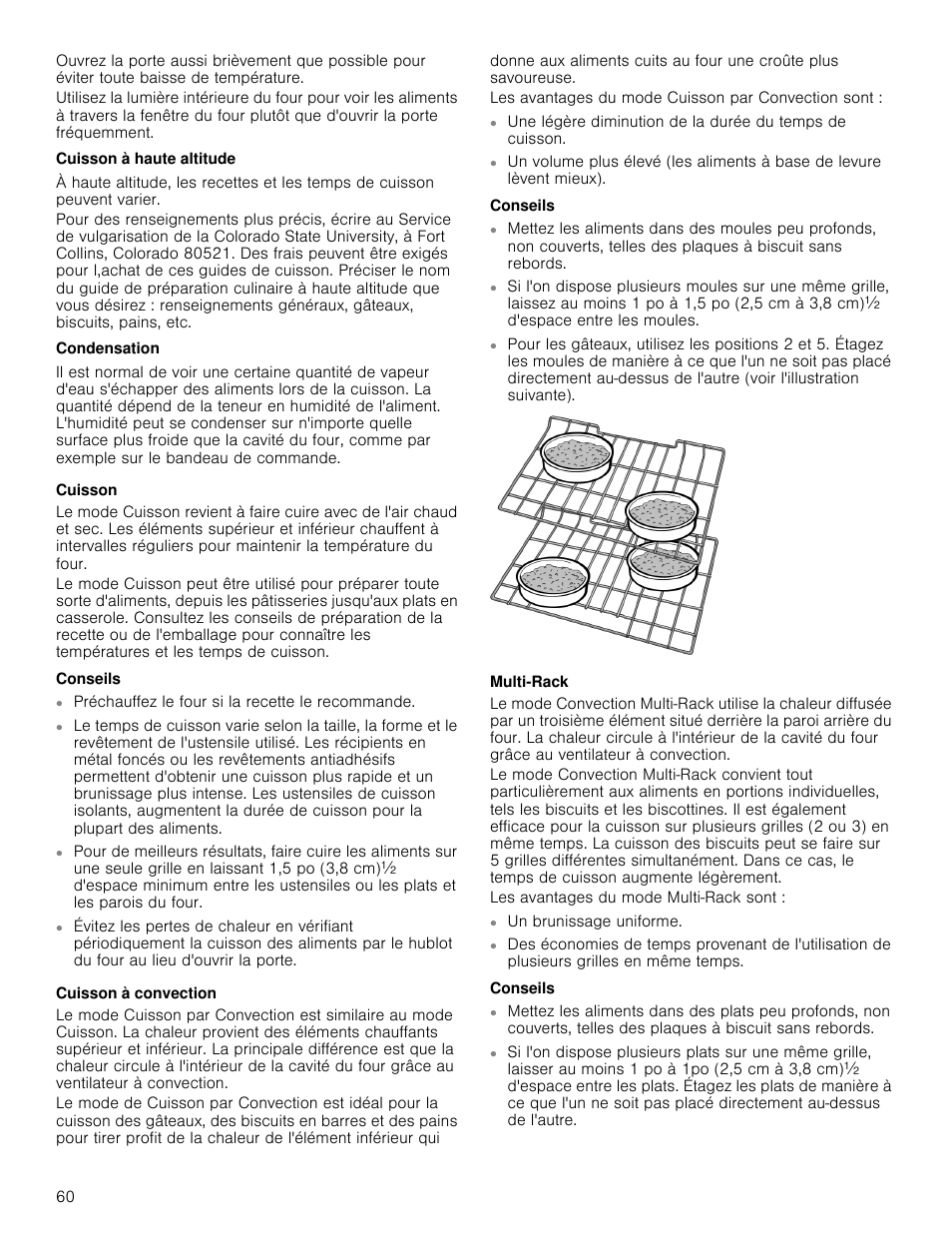 Cuisson à haute altitude, Condensation, Cuisson | Conseils, Cuisson à convection, Multi-rack | Bosch 800 Series 30 Inch Freestanding Dual Fuel Range Use and Care Manual User Manual | Page 60 / 76