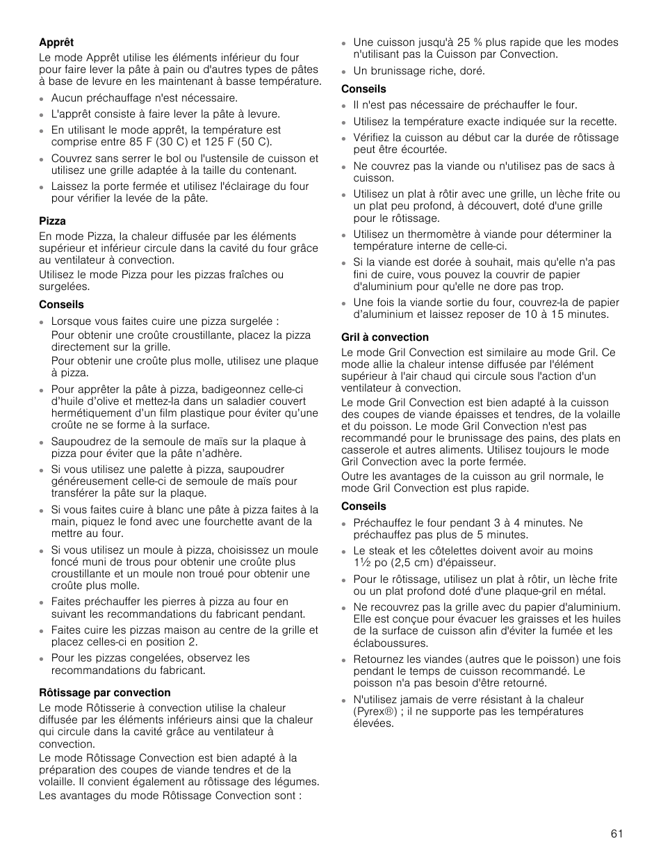 Apprêt, Pizza, Conseils | Rôtissage par convection, Gril à convection | Bosch 800 Series 30 Inch Freestanding Dual Fuel Range Use and Care Manual User Manual | Page 61 / 76