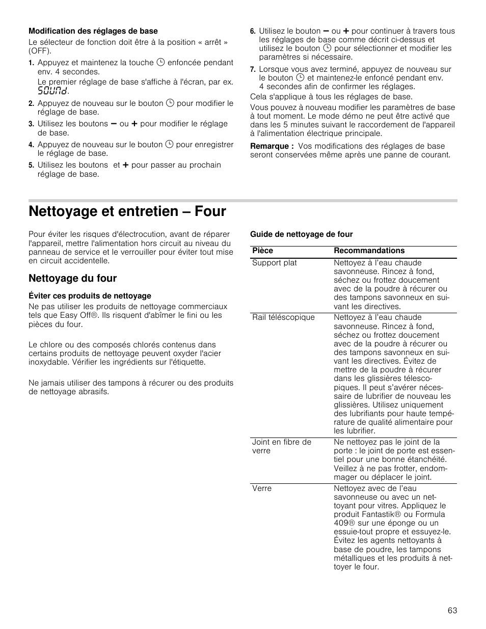 Modification des réglages de base, Remarque, Nettoyage et entretien – four | Nettoyage du four, Éviter ces produits de nettoyage, Guide de nettoyage de four | Bosch 800 Series 30 Inch Freestanding Dual Fuel Range Use and Care Manual User Manual | Page 63 / 76