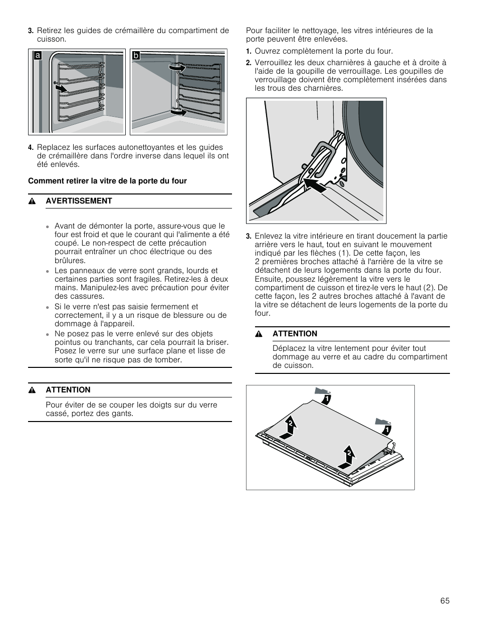 Comment retirer la vitre de la porte du four, 9 avertissement, 9 attention | Ouvrez complètement la porte du four | Bosch 800 Series 30 Inch Freestanding Dual Fuel Range Use and Care Manual User Manual | Page 65 / 76