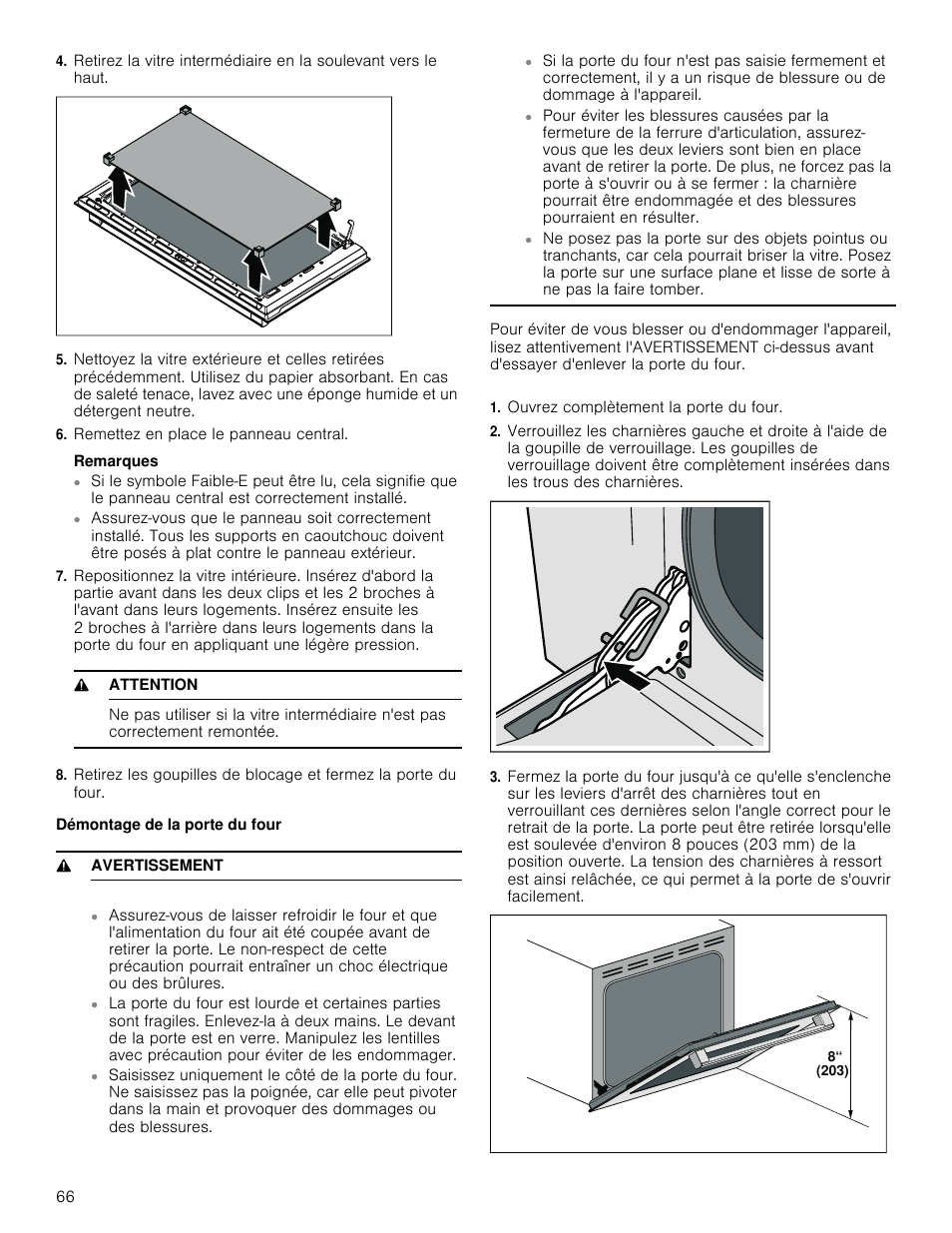 Remettez en place le panneau central, Remarques, 9 attention | Démontage de la porte du four, 9 avertissement, Ouvrez complètement la porte du four | Bosch 800 Series 30 Inch Freestanding Dual Fuel Range Use and Care Manual User Manual | Page 66 / 76