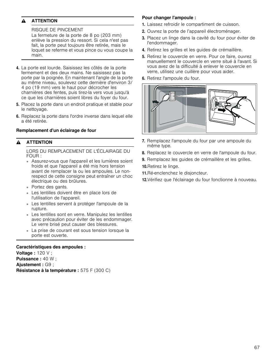 9 attention, Risque de pincement, Remplacement d'un éclairage de four | Lors du remplacement de l'éclairage du four, Laissez refroidir le compartiment de cuisson, Ouvrez la porte de l’appareil électroménager, Retirez les grilles et les guides de crémaillère, Retirez l'ampoule du four, Remplacez les guides de crémaillère et les grilles, Retirez le linge | Bosch 800 Series 30 Inch Freestanding Dual Fuel Range Use and Care Manual User Manual | Page 67 / 76