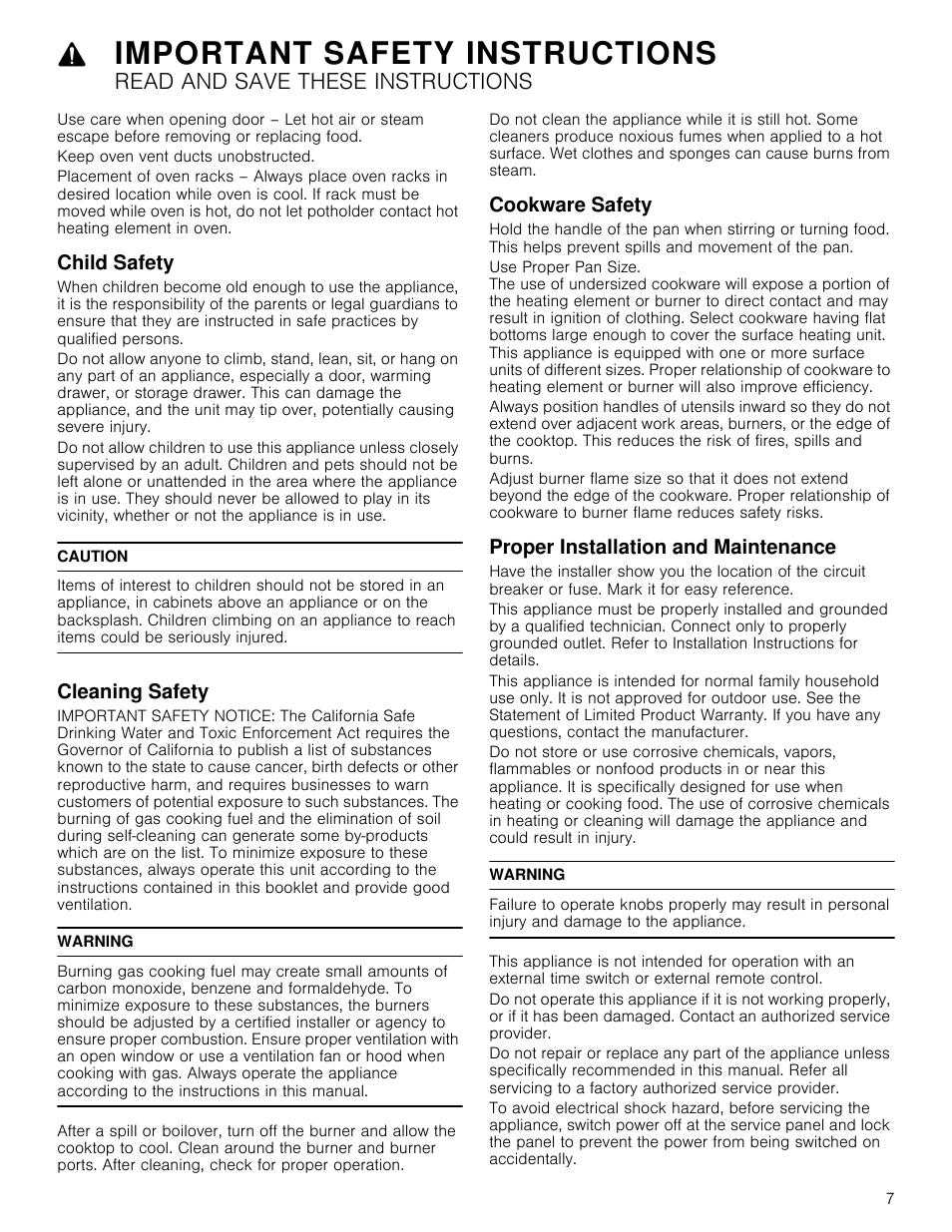 Child safety, Caution, Cleaning safety | Warning, Cookware safety, Proper installation and maintenance, Important safety instructions, Read and save these instructions | Bosch 800 Series 30 Inch Freestanding Dual Fuel Range Use and Care Manual User Manual | Page 7 / 76