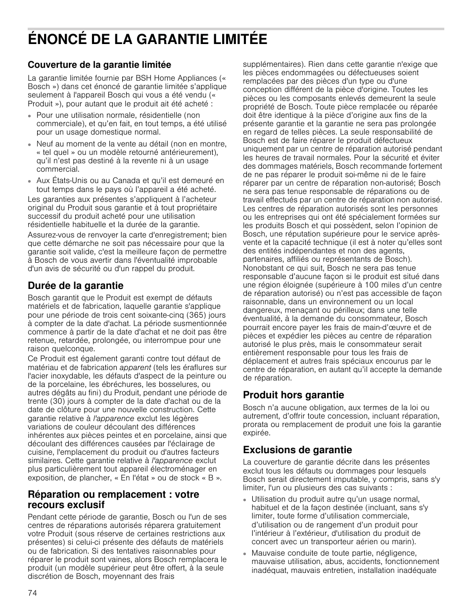 Énoncé de la garantie limitée, Couverture de la garantie limitée, Durée de la garantie | Produit hors garantie, Exclusions de garantie | Bosch 800 Series 30 Inch Freestanding Dual Fuel Range Use and Care Manual User Manual | Page 74 / 76